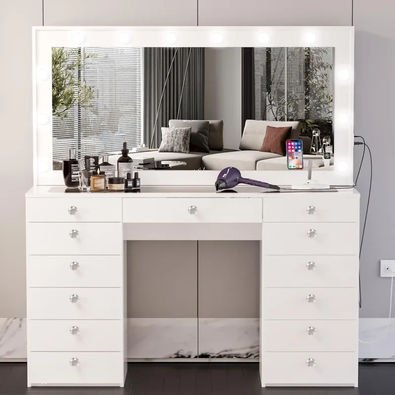 Daisy Extra-Large Makeup Vanity Desk with Built-in Hollywood Lights, 13 Drawers, USB Type-C & Type-A, 1