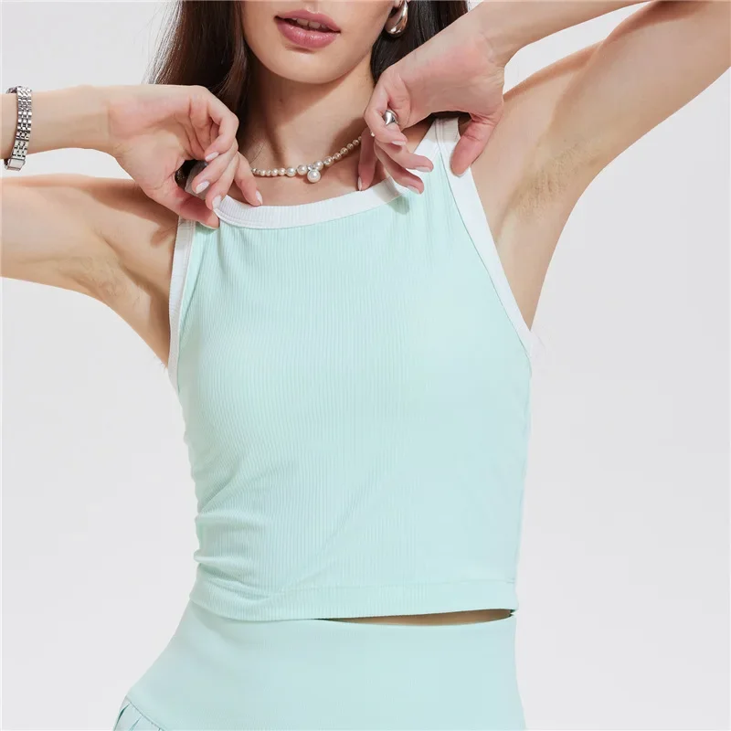 Women's Color Blocking Sports Vest Yoga Tank Top with Chest Pads Fitness Pilates Sport Bra Training Underwear Tennis Shirt Top