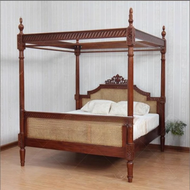 

American retro carved solid wood four-poster shelf bed master bedroom 1.8 meters double rattan bed