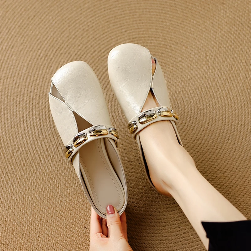 Women's new summer round head genuine leather cowhide metal belt buckle, middle heel, toe cover, Mueller slippers