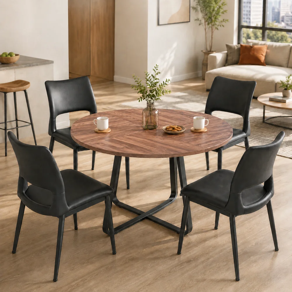 5 Piece Round Dining Table Set For 4, 43.3 Inch Walnut Kitchen Table With Black Metal Cross Base And 4 PU Leather Chairs, Modern Dining Room Set For Home