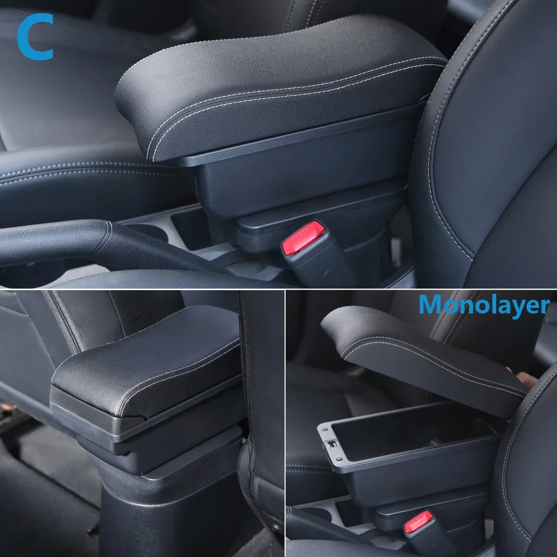 YJYWZH Accoudoir Hyundai Getz 2006-2019 - Boîte Console Centrale Avec 3 Ports USB, Cuir PU Noir Surpiqûres Rouges, Rangement & Charge