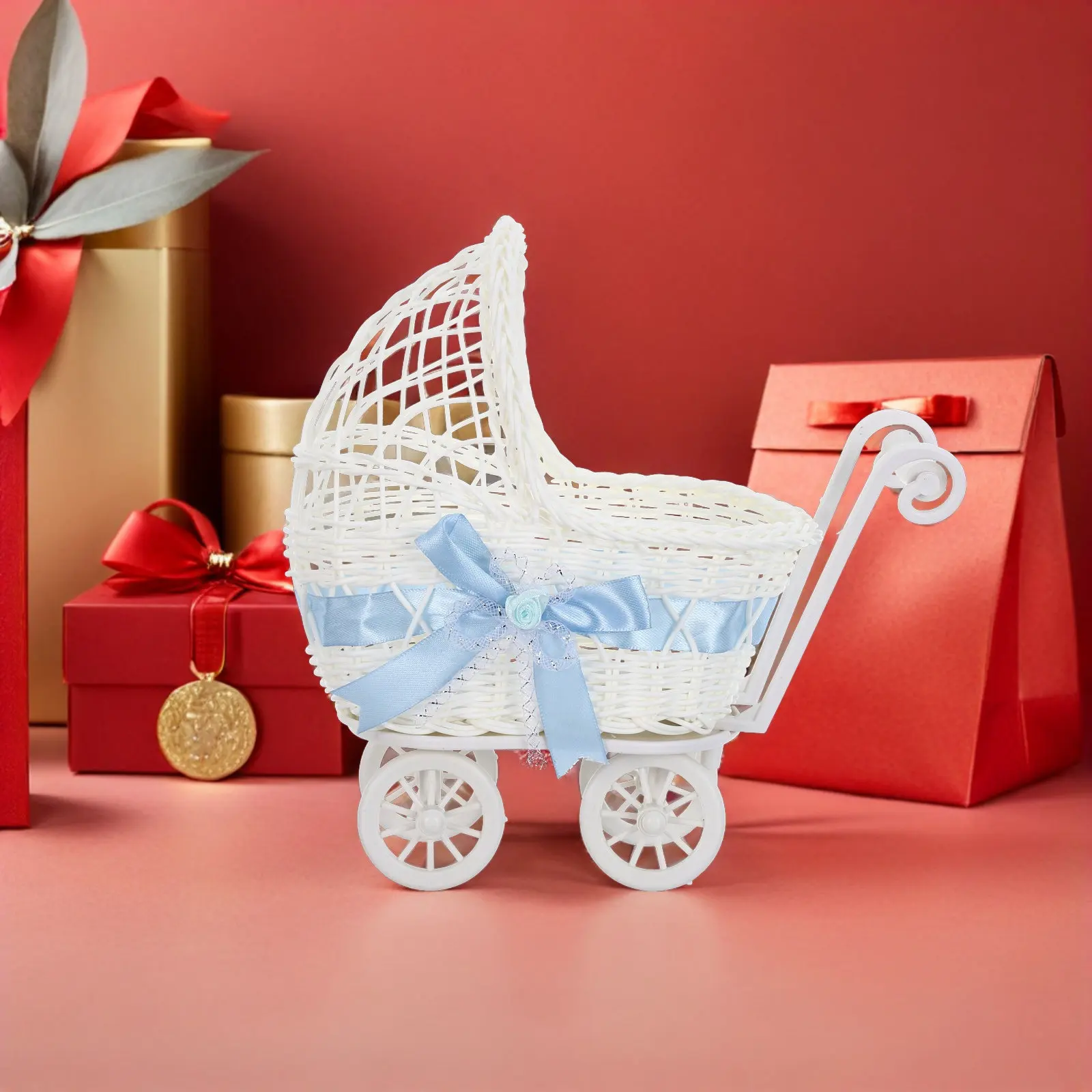 Mini Wicker Hand Push Cart Foldable Rattan Storage Box Outdoor Garden Utility Trolley Portable Transport Basket
