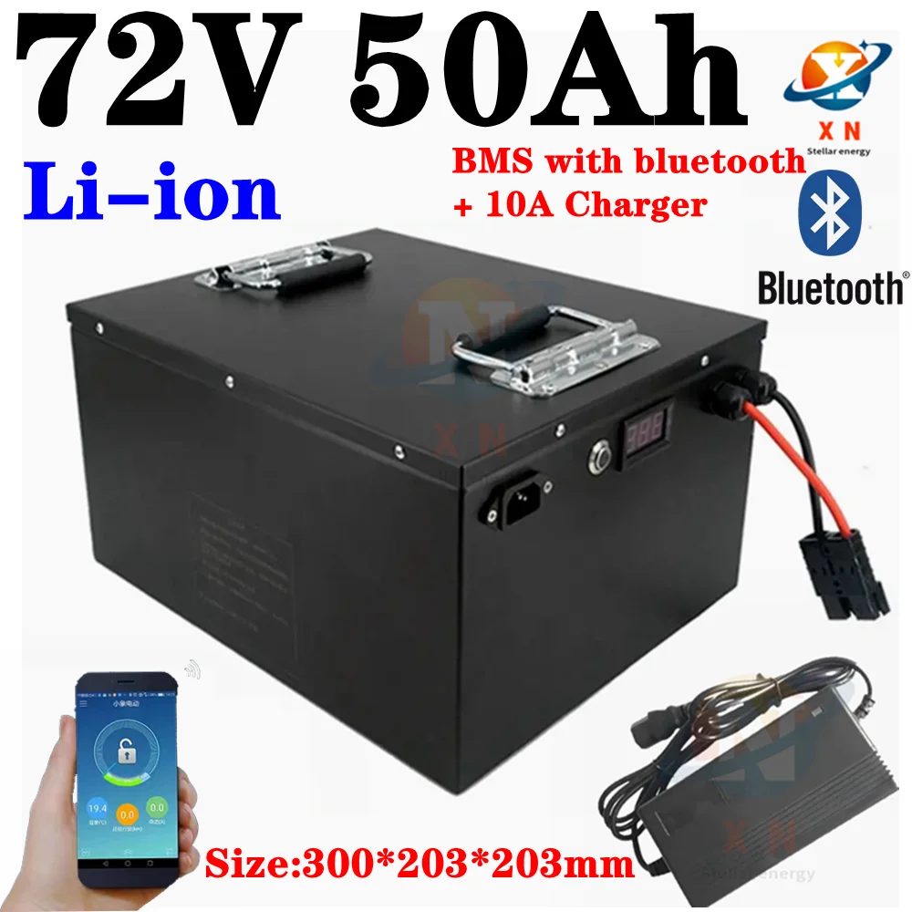 Waterproof 72V 50Ah lithium ion li-ion battery pack BMS 20S with bluetooth functions for scooter motorcycle ebike+10A Charger