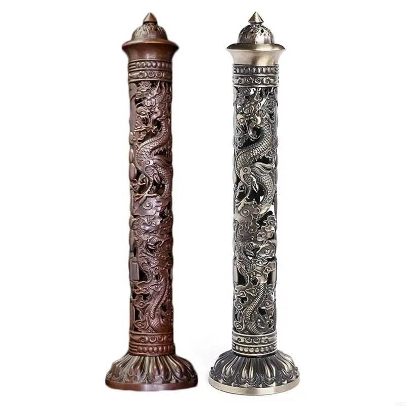 G92C Antique Vintage Copper Vertical Incense for Burner Dragon Phoenix Censer T