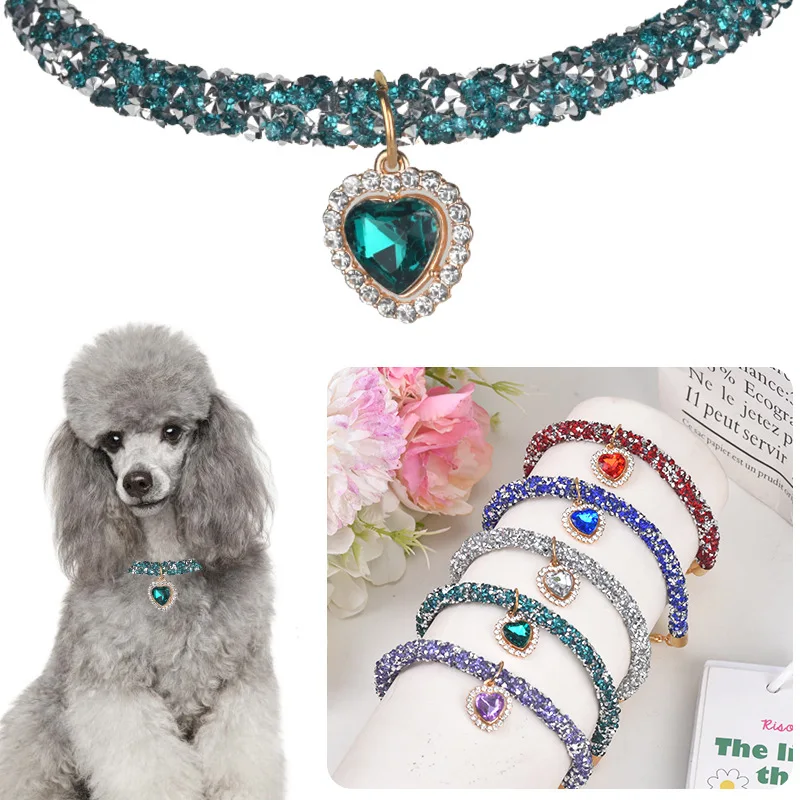 Bling Crystal Chain Heart Gem Pendan Pet Collar Handmake Adjustable Necklace Puppy Dog Cat Pet Accessories