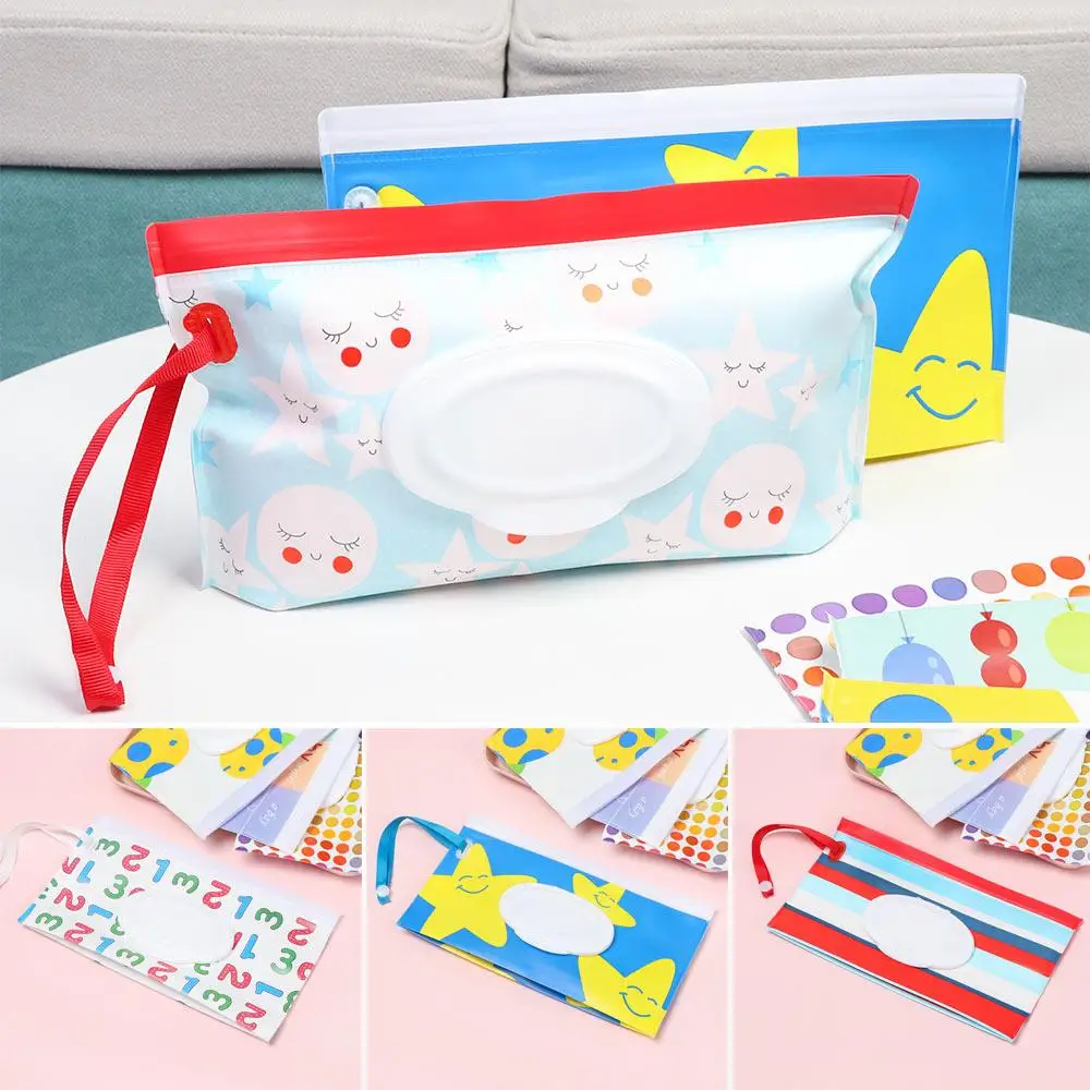 Cute Useful Snap-Strap Baby Product Flip Cover Carrying Case Tissue Box Stroller Accessories Cosmetic Pouch Wet Wipes Bag