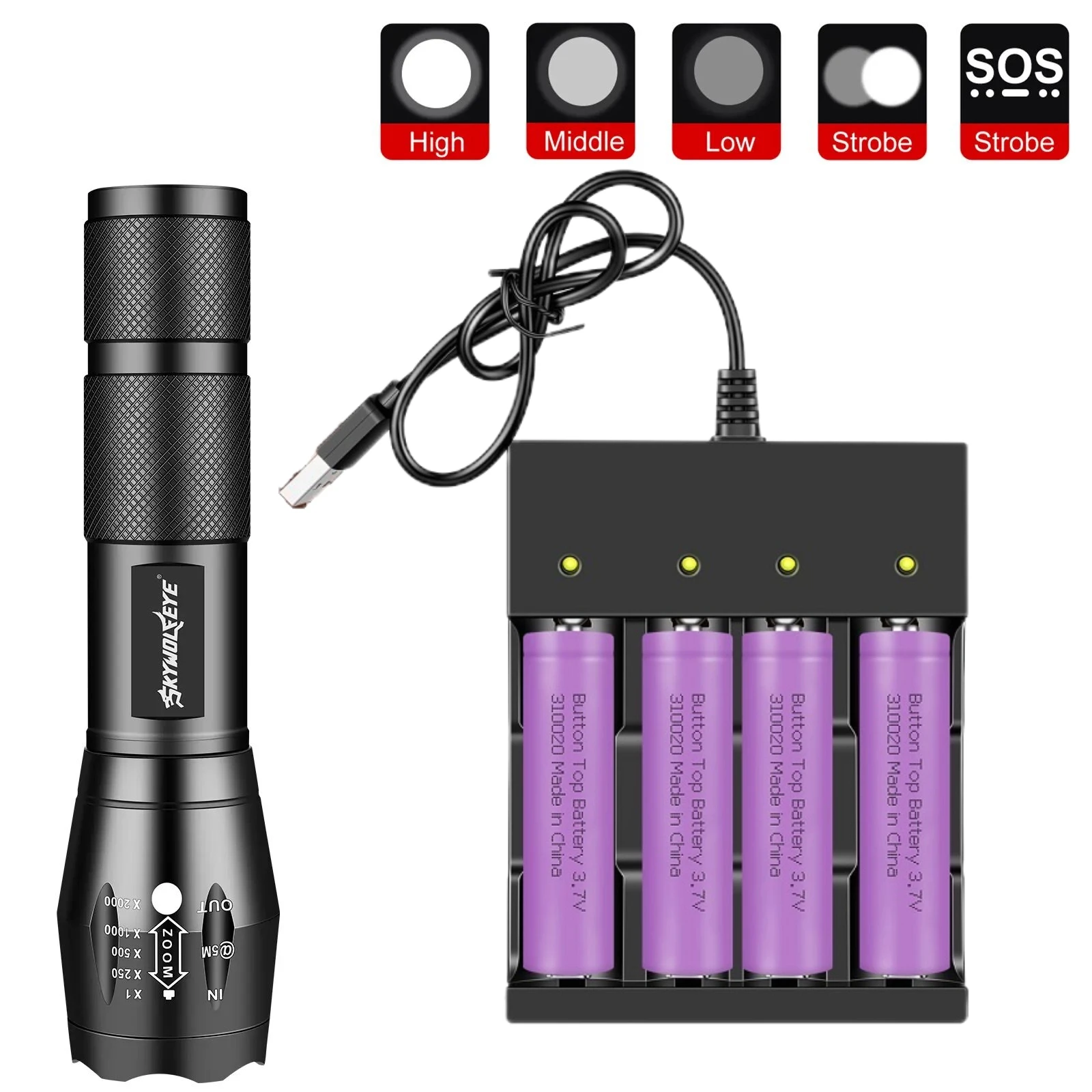 Skywolfeye High Lumen Led Flashlight Set 5 Lighting Modes Zoomable Torch with USB Rechargable 4 Slot Battery Charger for Camping