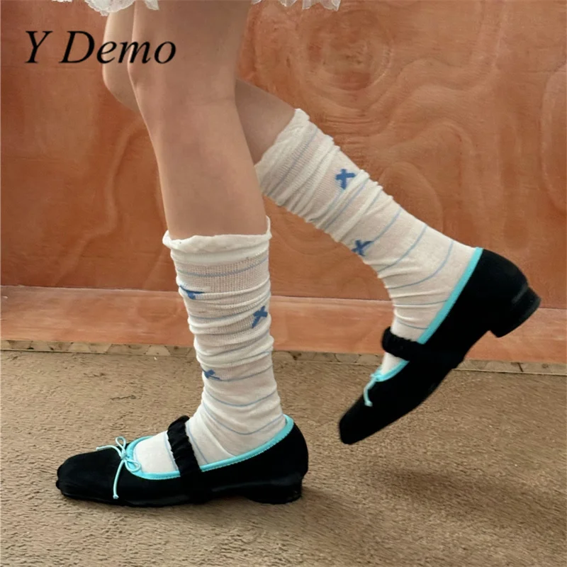 Y Demo Sweet Blokette Bow Mid-Calf Socks Summer Ballet Style Women Ruffles Pile Socks