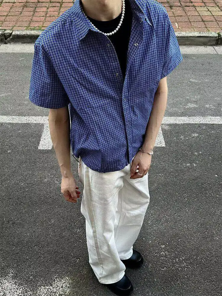 

American Retro Plaid Dstring irt Men's ort Sve Loose Layering Tool Haome irt Top Casual Sle Cheered P...