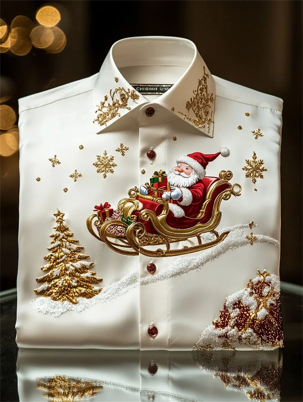 

Men's Christmas long-sleeved shirt with lapel and Santa Claus print, luxury shirt, fast shipping, plus size design.