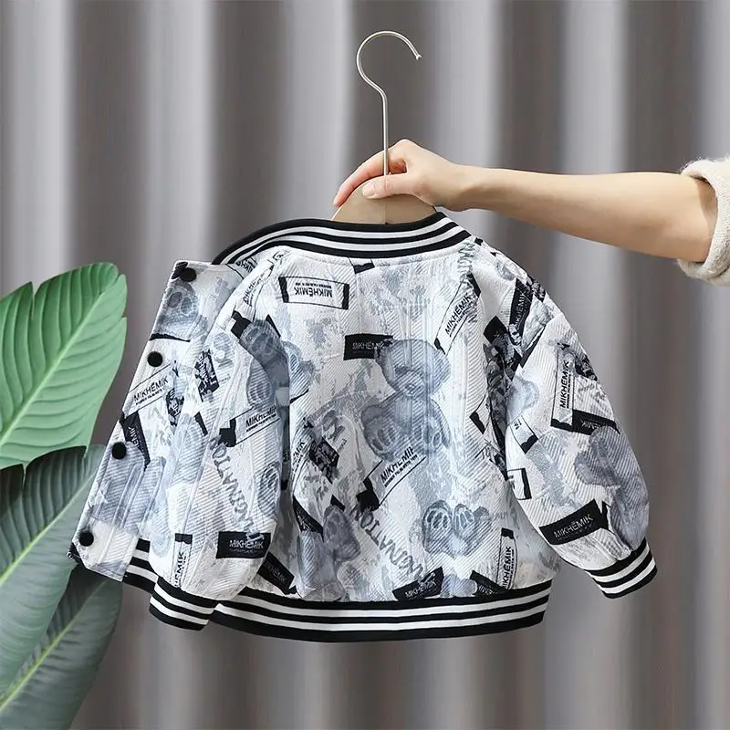 2025 New Boys Cartoon Bear Baseball Jacket Trendy Kids Spring Autumn Hoodie Jacket Casual Wear