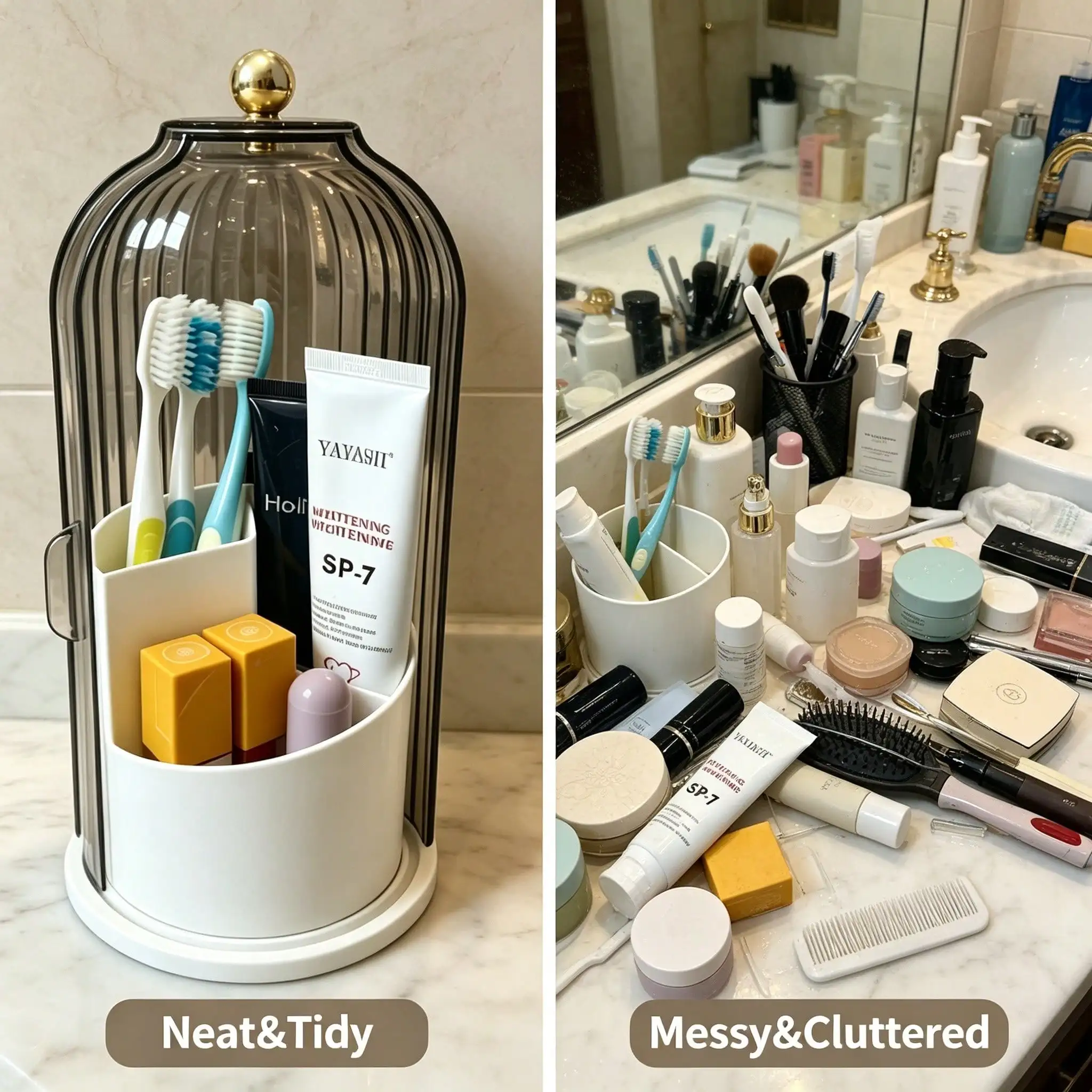 Makeup Brush Holder Organizer With Lid,360 Rotating Dustproof ABS Storage Caddy,3 Slots Sliding Lid Toothbrush Holder With Non-Slip Base,Multi-Use Space-Saving Organizer For Makeup Brushes Toothpaste,Perfect For Vanity Bathroom Home Dorm Apartment