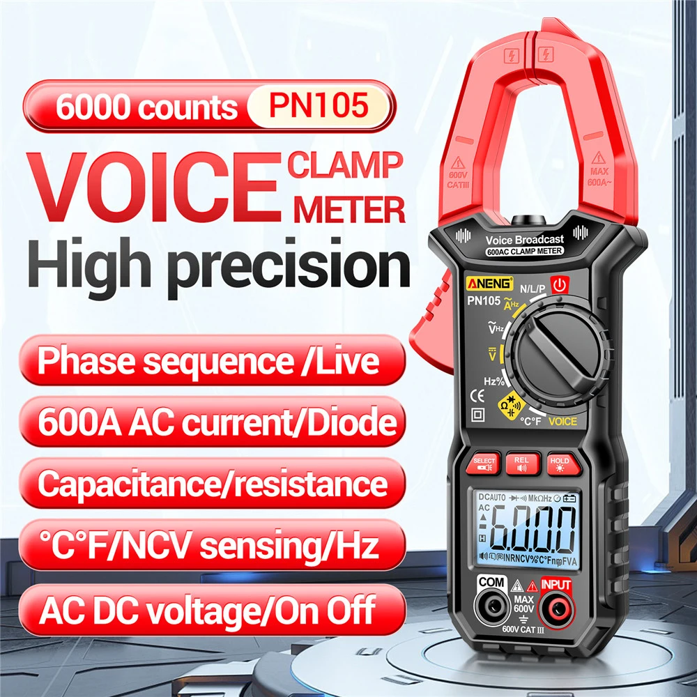 

DC Digital Multimer PN105 DC Clamp Meter AC/DC Current Amp Meter 6000 Counts Current Volt Temp Capacitance Resistance Diodes