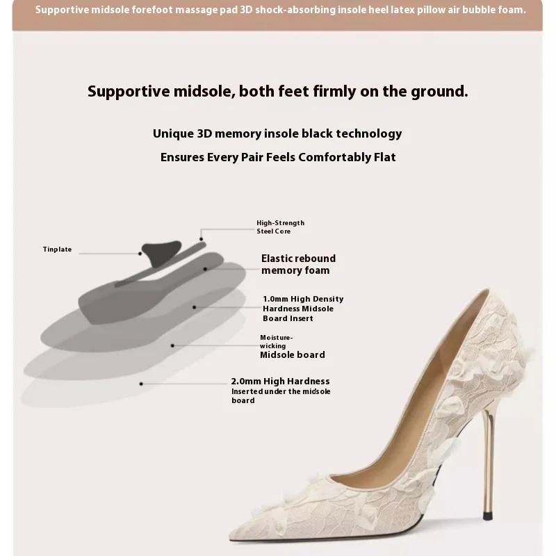 Lace thin high-heeled widened version wedding shoes spring new pointed toe shallow banquet large size small size women's shoes