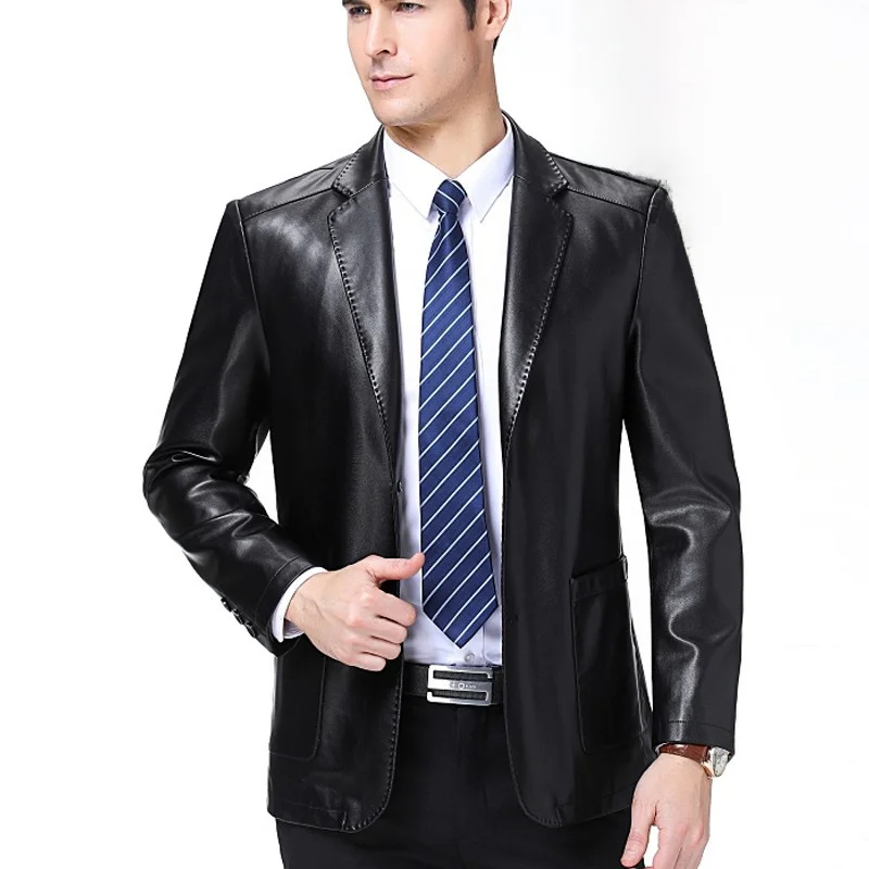 

Spring Autumn Genuine Leather Jaet Men's Slim Fit Middle Age Leather Vestature eepskin Outerwear Leather Busin Thin Su...