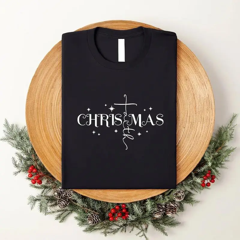 2026 Christmas Print Crew Neck T-Shirt - 100% Cotton Short Sleeve Top Women Casual Festive Graphic Tee Breathable Streetwear