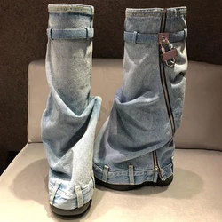 Denim Biker Boots Metal Lock Boots Trendy Style Knee Boots Designer Fashion Novelty Styles Genuine Leather Shoes for Women Sale