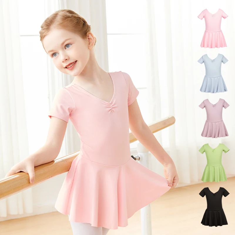 Girls Ballet Dress with Lining Kids Dance Leotard Dress Nylon Gymnastic Leotard with Skirt Short Sleeves Ballet Bodysuit Dress