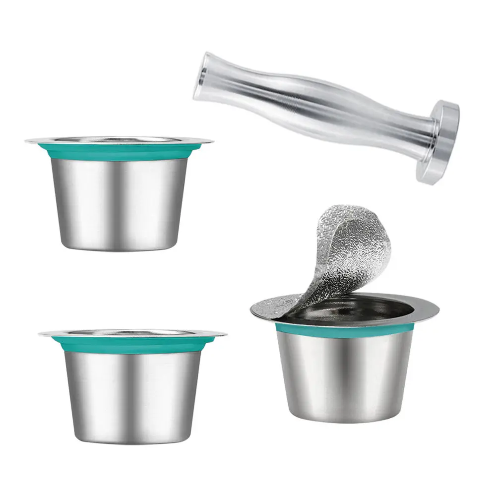 Stainless Steel Coffee Capsule Kit Reusable Refillable Capsules with Tamper Spoon Brush 3 Cups 120 Lids Perfect for Kitchen