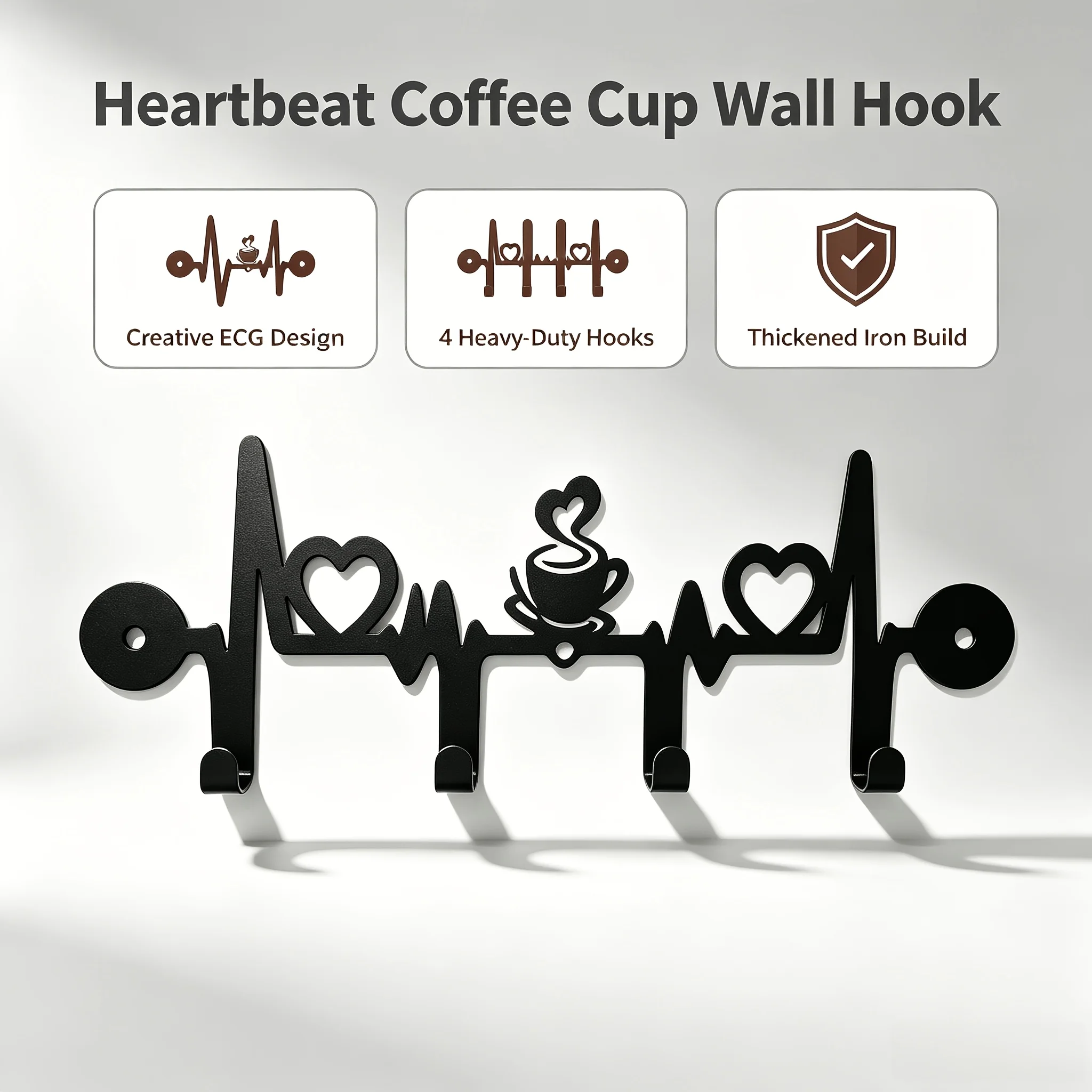 CIFBUY ECG Heartbeat Coffee Pattern Metal Wall Hook Key Coat Hat Hanger Space Saving Hanging Rack for Coffee Cups Entryway