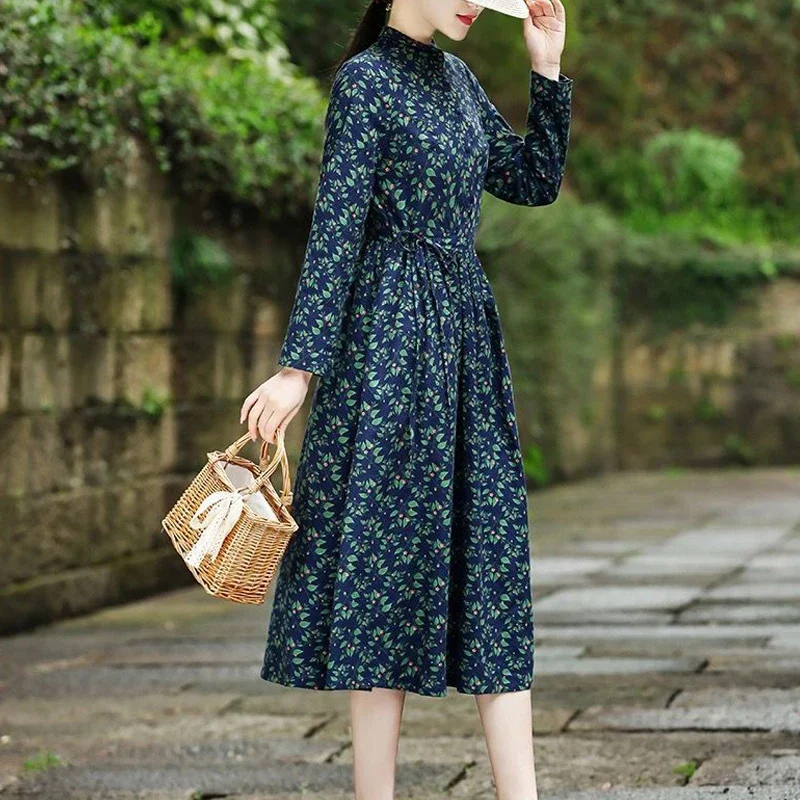 女性のヴィンテージ花柄レースアップエレガントなパーティードレス秋のファッションハイウエストスリムコットンミディドレス長袖 Vestidos