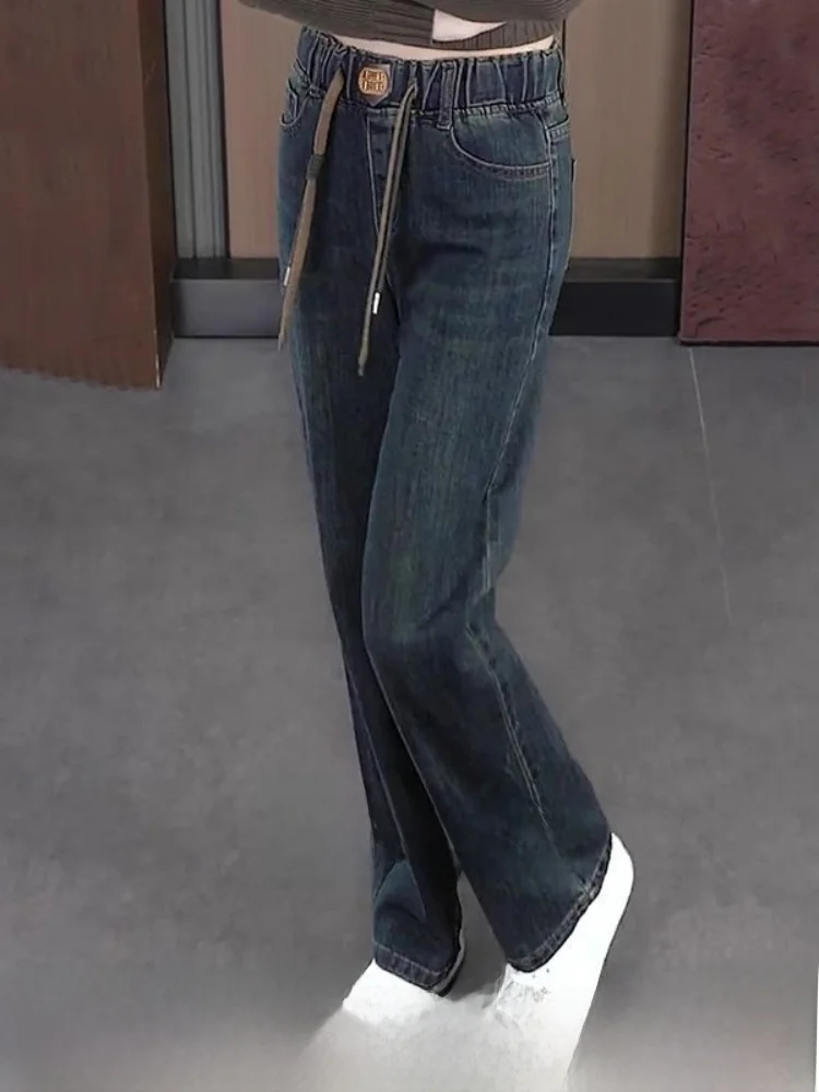 

Casual Fce Lined Thi Wide Leg Straight Cut Women's Jeans Elastic Waisand Comfortable Fit Stand Size Pure Color
