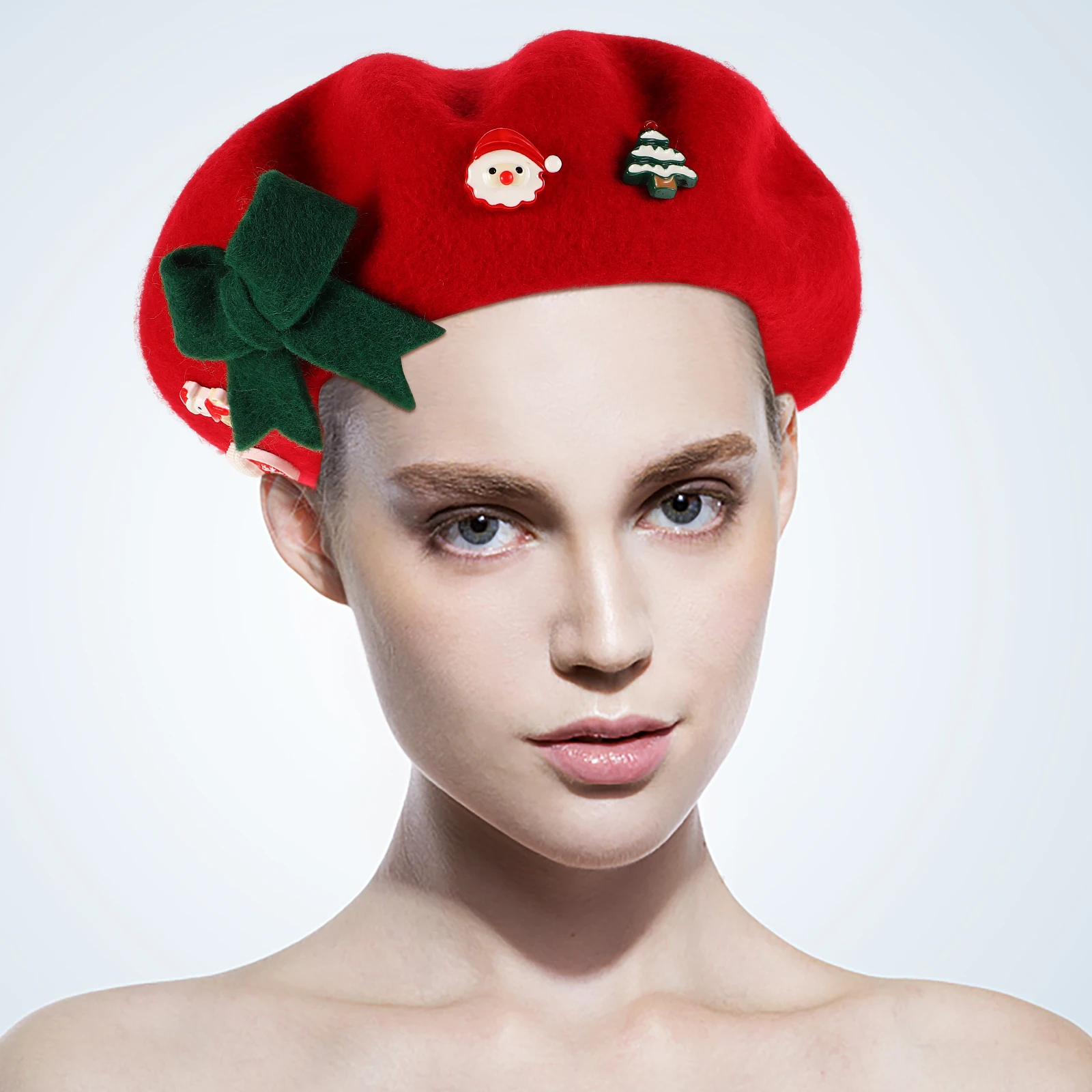 

Festive Christmas Beret Cap Wool Hats For Women Warm Cozy Stylish Bowknot Holiday Party Mushroom Beanie Fashion Lady Dress