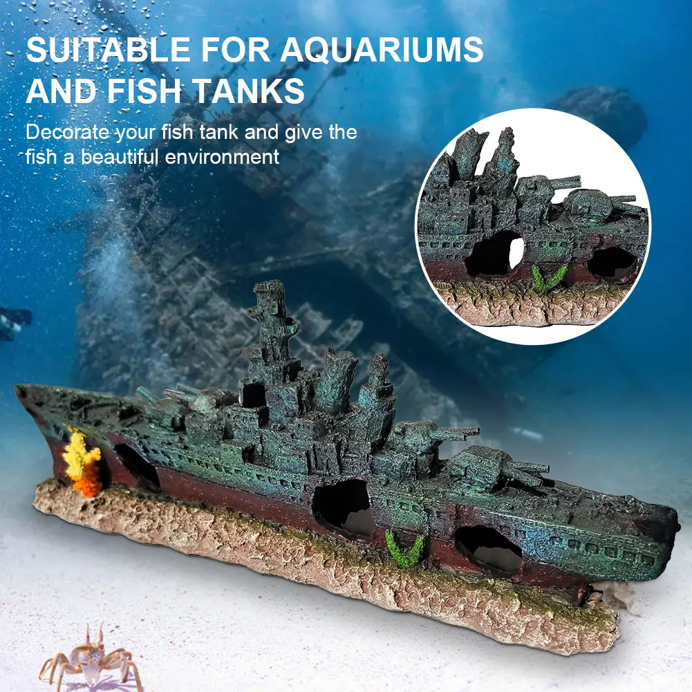 

Aquarium Resin Sunken Pirate Ship Wear Resist Creative Warship Wreckage Warship Ornament for Fish Tank Cave Decor Accessories