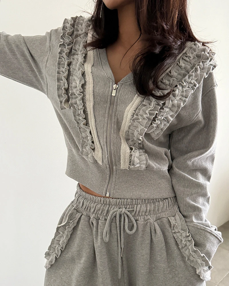 

Ele Lace Splice V-Ne Long Sve Women's Faion Set Autumn Collection High Waist Straight Leg Pants Zipper Closure