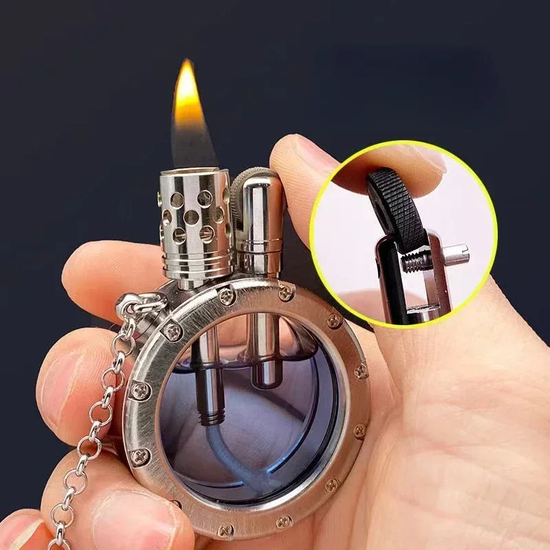 Portable Round Kerosene Inflatable Lighter Handmade Pure Copper Gasoline Lighter with Transparent Fuel Tank Men's Gift