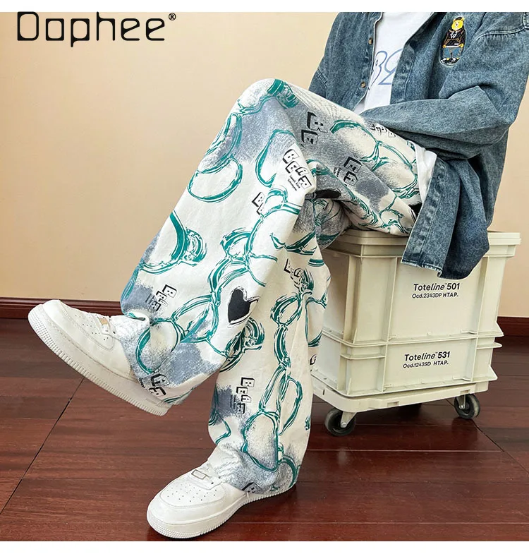 

Spring and Autumn New American Style Bear Graffiti White Green Pant High Street Straight Casual Beige Blue Floor-Length Pant