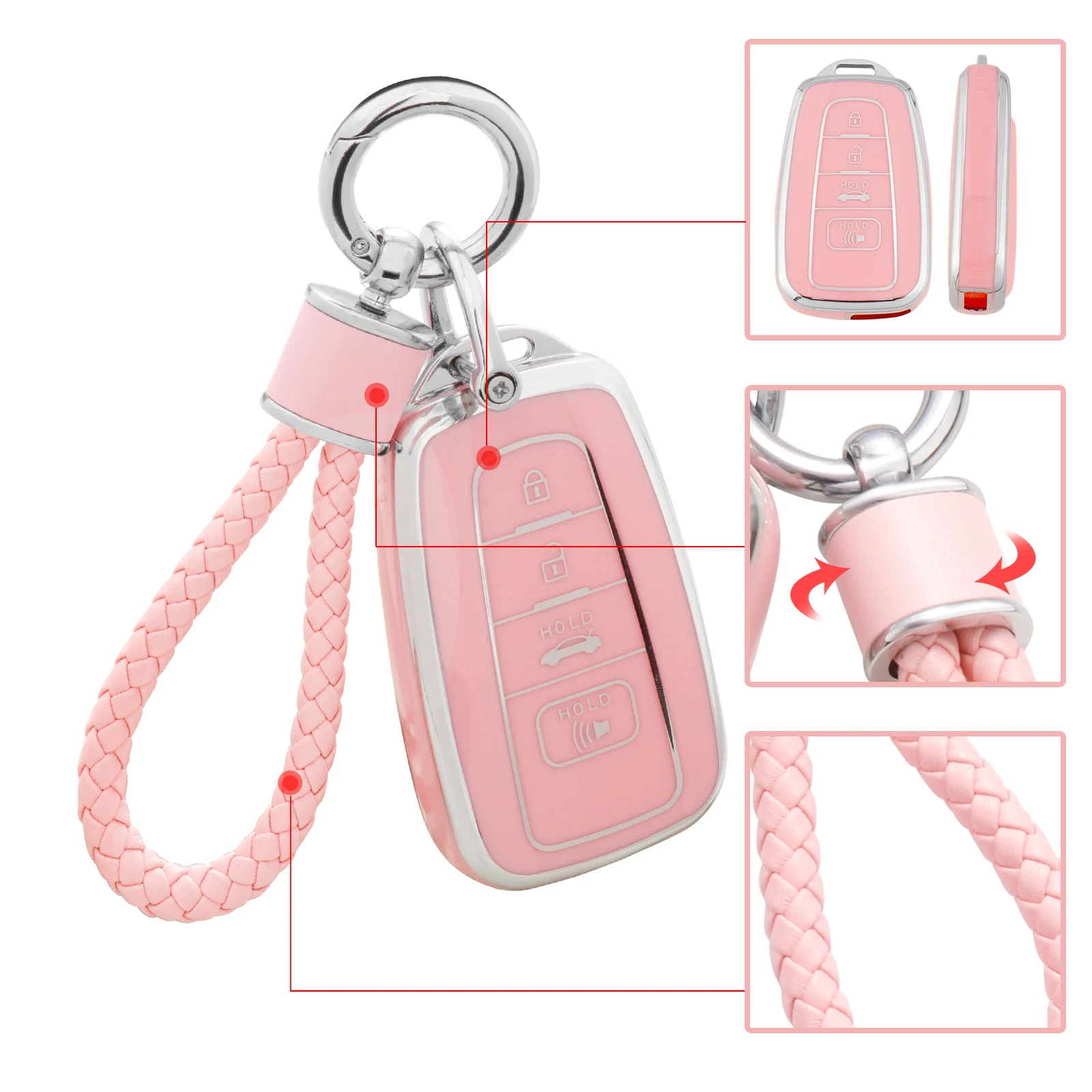 for Toyota Key Fob Cover with Keychain, Pink Soft TPU Key Case Protection Shell Fit for 2018-2022 Camry RAV4 Highlander Avalon C