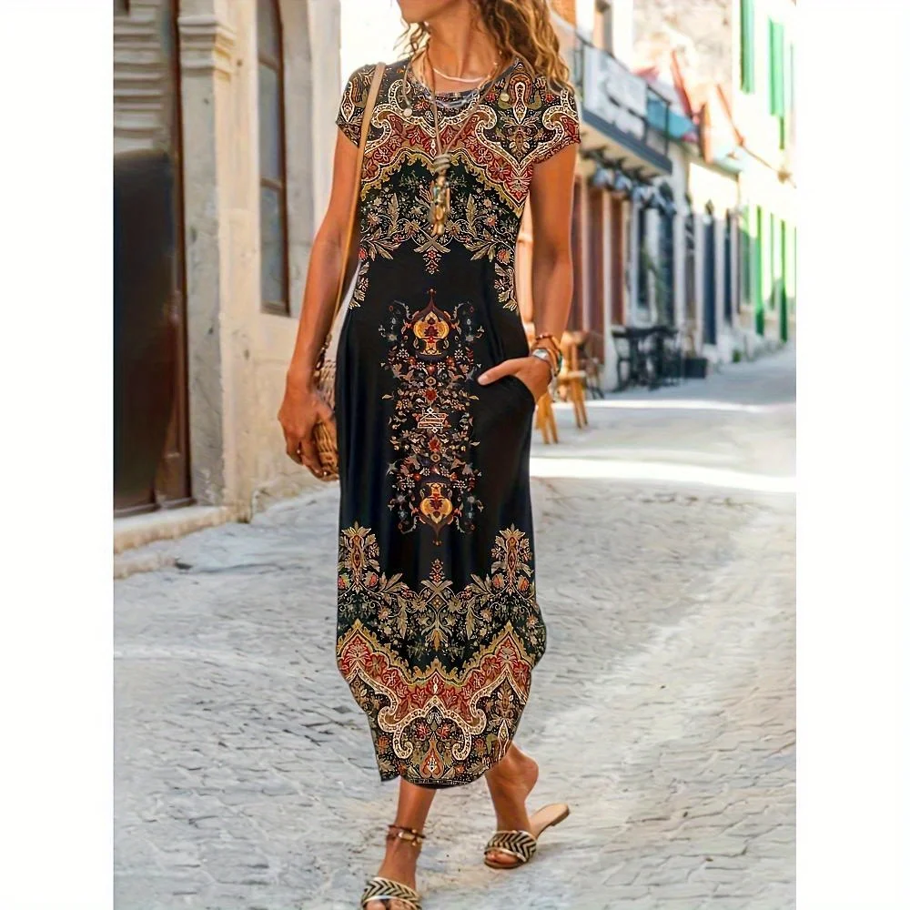 

Floral Tribal Retro Holiday Pocket Slit Short Sleeve Round Neck Dress