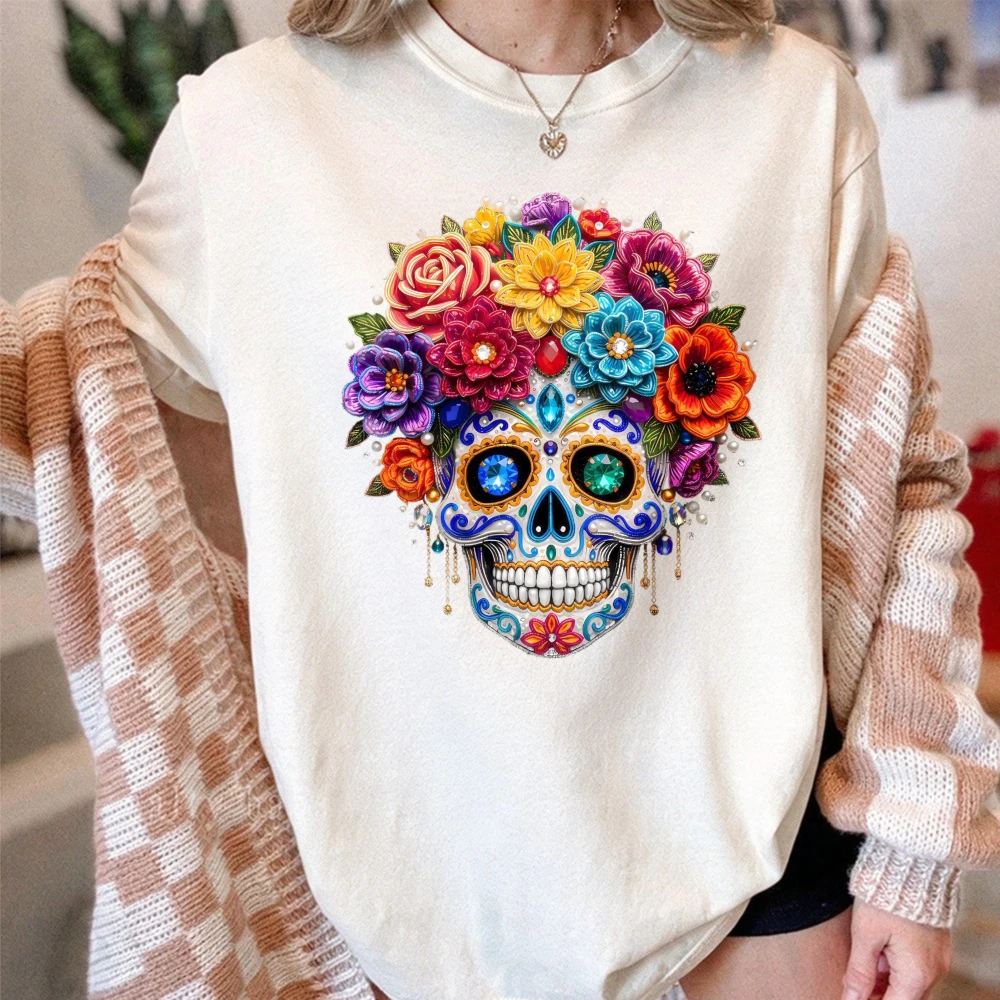 Floral Sugar Skull Shirt Calavera Shirt Día de los Muertos Mexican Festival Celebrations Tee Gem Floral Sugar Skull Cotton Tops