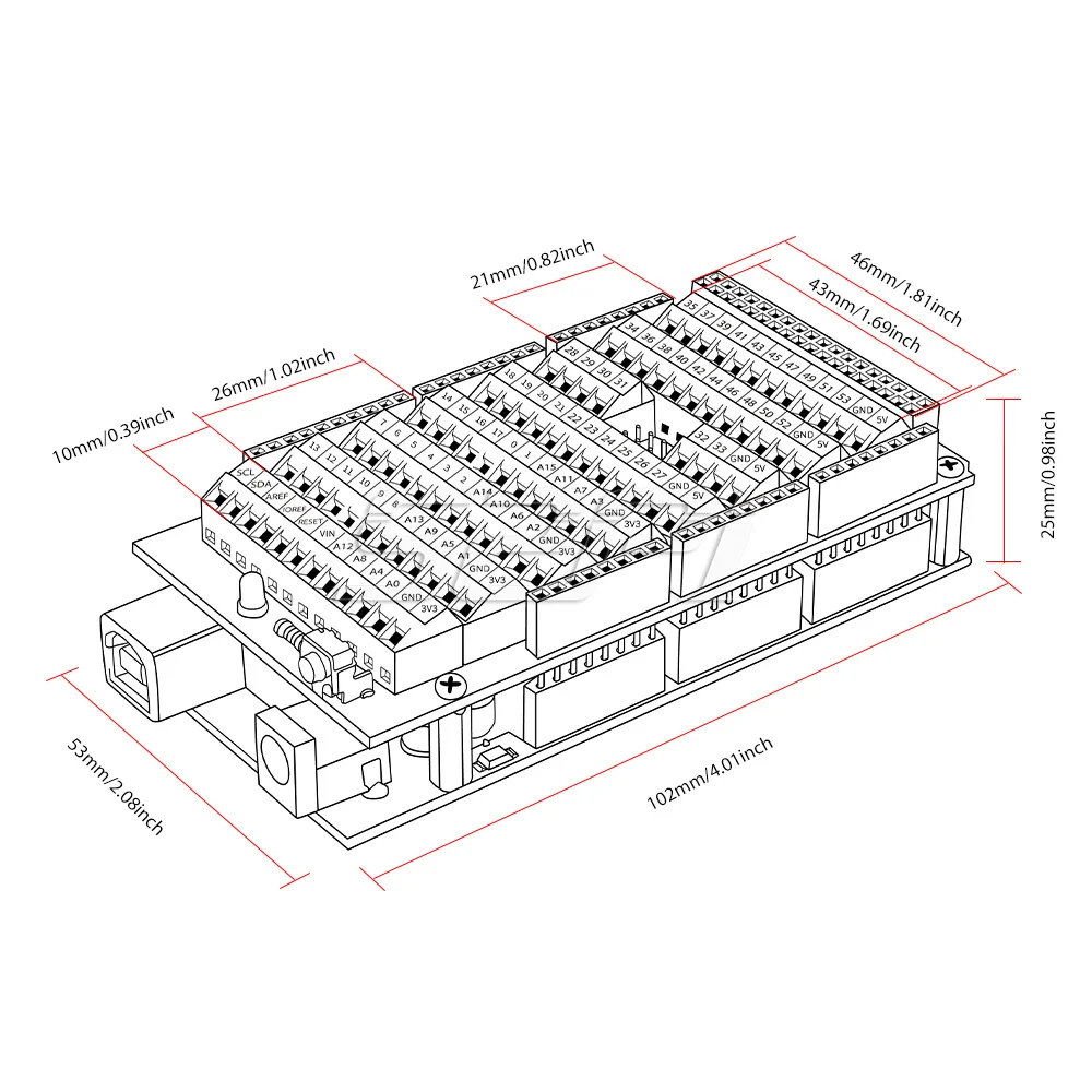 Neue! 52Pi Terminal Hut für Arduino MEGA 2560 R3 Arduino Hut Reset-Taste und Led-anzeige