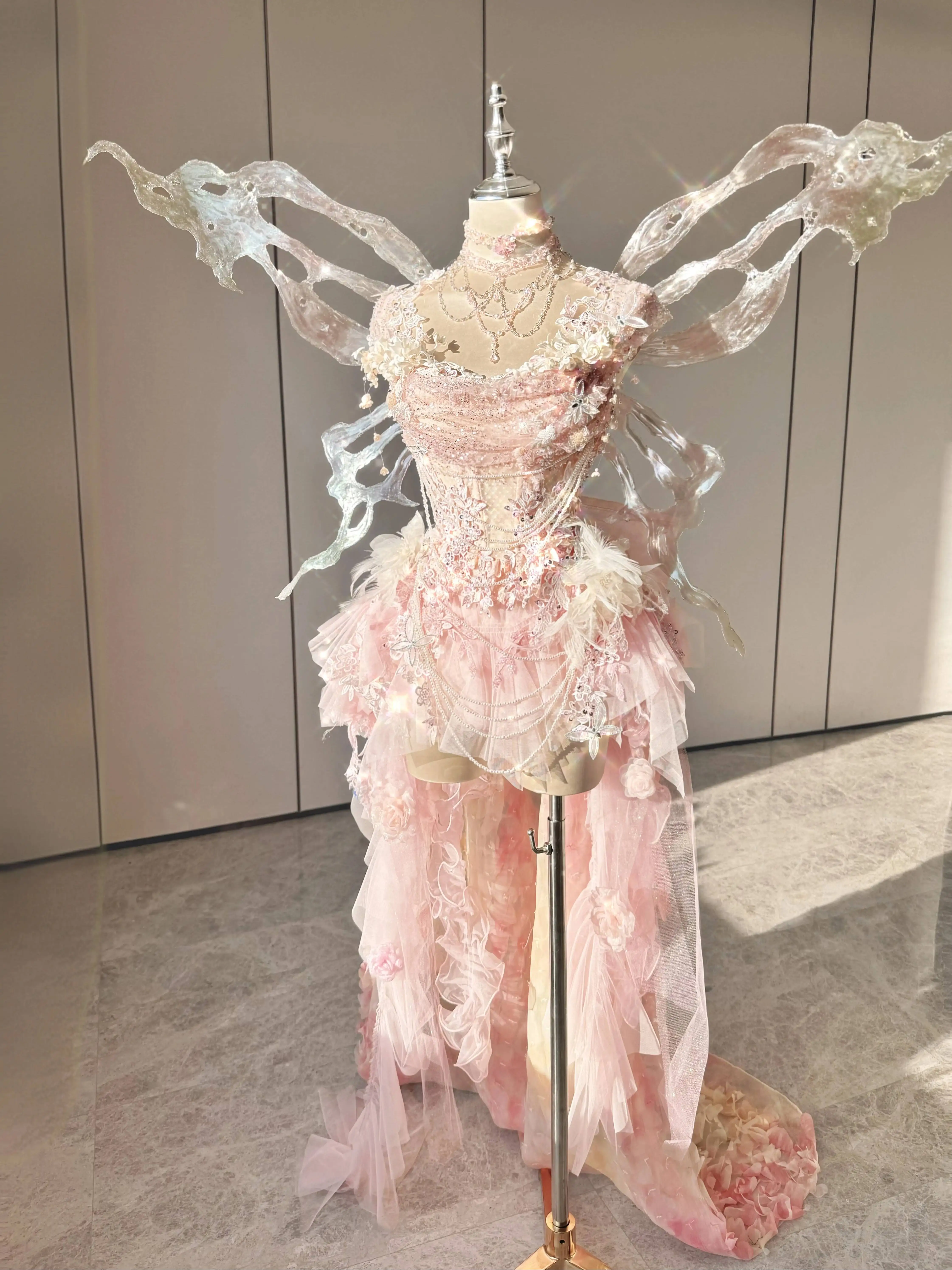 Pink Fairy Wings Tulle Dress Women's Floral Beaded Ruffle Prom Gown Fantasy Cosplay Costume Photoshoot Dress
