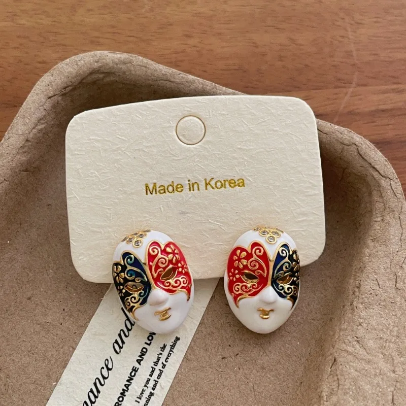 Pendientes de Diseño Único Minar con Esmalte Multicolor y Forma de Máscara Facial para Mujer, Joyería de Aleación Chapada en Oro Real