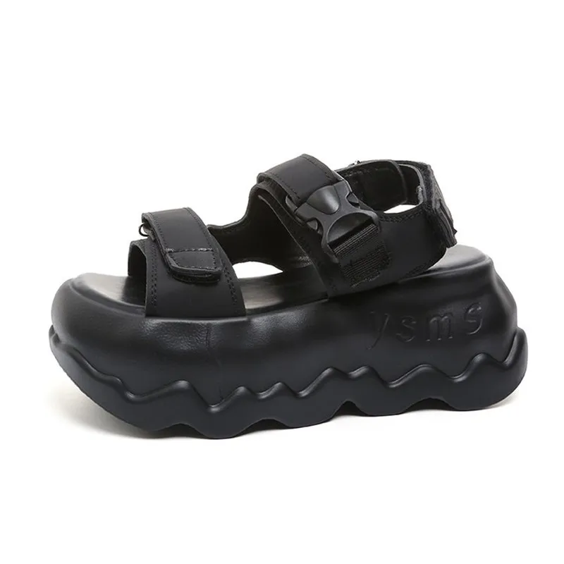 Sandalias de Plataforma Alta con Suela Gruesa de Tela Elástica para Mujer, 7CM, Verano, Chanclas Nuevas, Zapatos con Cierre de Velcro, Zapatillas Mujer