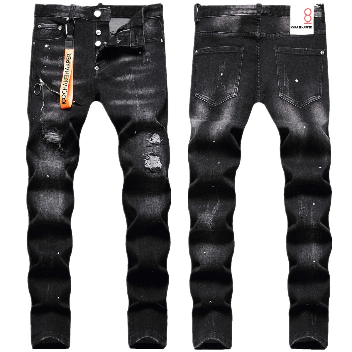 100 chareiharperHipster men's jeans Hipster men's personality ripped and scraped fashion pants Black paint splattered stretch