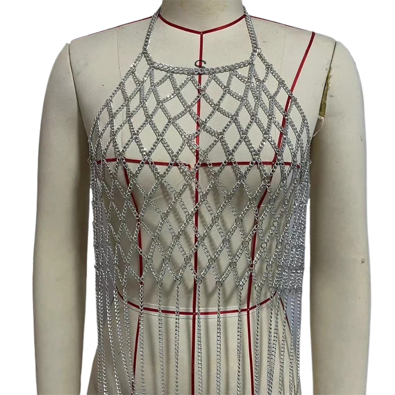 Halloween Clubwear Damen Neckholder Körperkette Quasten Netz Harness Top Party Club Outfit Mehrschichtiges Festival Y2K Crop Top Oversized – Detail 2