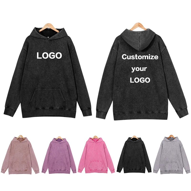 Vintage Oversized 400g Looped Pure Cotton Washed Vintage Hoodie Sweatshirt Printed Logo Custom Design Embroidered Name