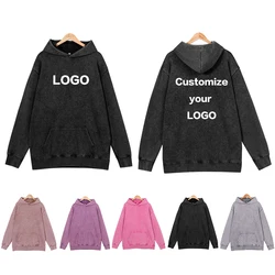 Vintage Oversized 400g Looped Pure Cotton Washed Vintage Hoodie Sweatshirt Printed Logo Custom Design Embroidered Name
