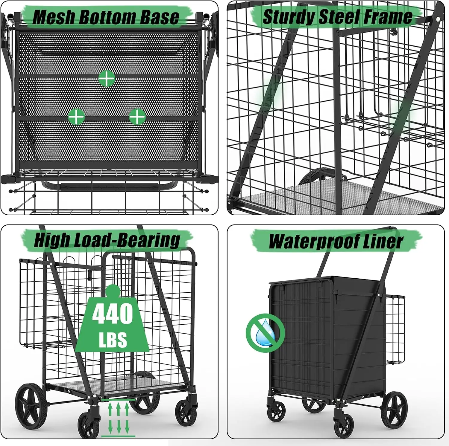 Heavy Duty Folding Shopping Cart With 360 Swivel Wheels Waterproof Grocery Utility Cart Jumbo Laundry Transport Trolley With Large Capacity Storage Bag Silver Black view 3
