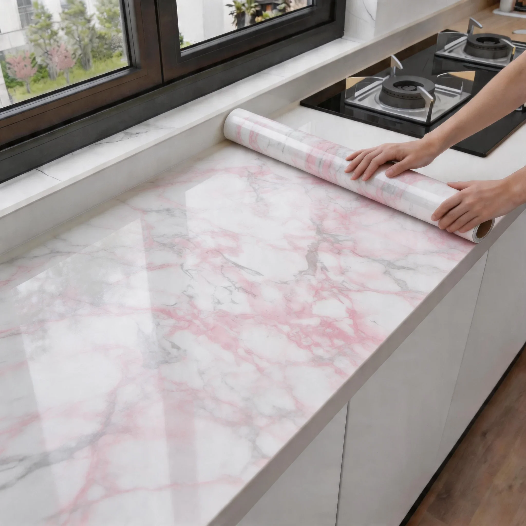 1 Roll Glossy Pink Marble Contact Paper Self-Adhesive Removable Kitchen CountertopGranite Wallpaper Waterproof Oil Proof Sticker