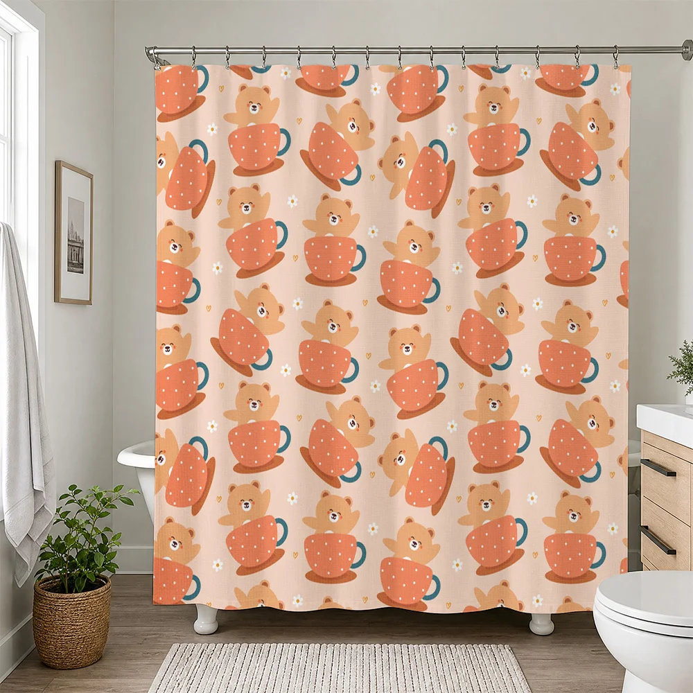 Adorable Bear Mug Pattern Shower Curtain Waterproof Bathroom Decor Home Accent Novelty Cartoon Print for Shower Curtain Rod