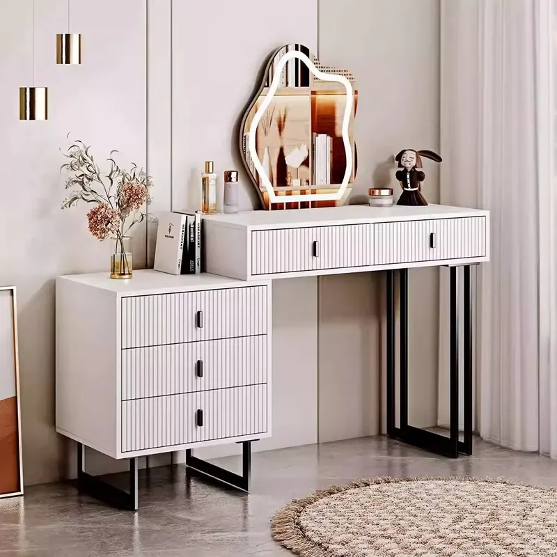 2026 SGJJ Modern White LED Lighted Foldable Makeup Vanity Desk Mirror Table with Stainless Steel Legs for Bedroom Dresser