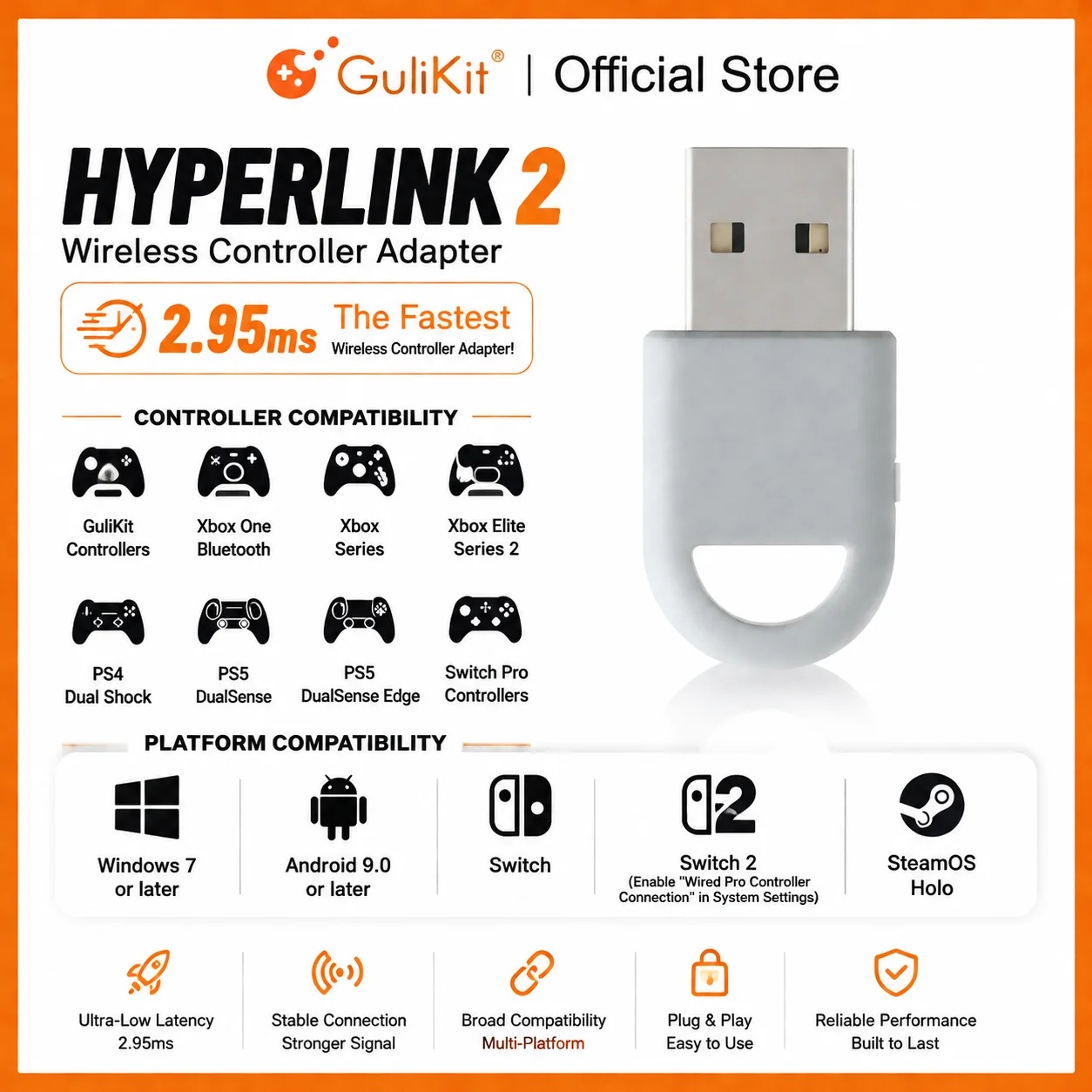 GuliKit Hyperlink 2 Wireless Adapter PC05 Dongle for PS5 PS4 Controller,Xbox One Gulikit Gamepad for Windows Android Switch 1/2