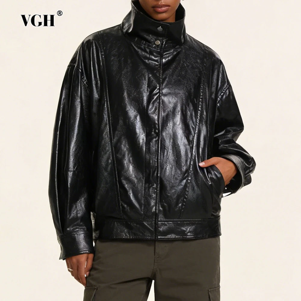 

VGH Solid Temperament Loose Leather Jackets For Women Stand Collar Long Sleeve Spliced Pocket Autumn Casual Jacket Female New