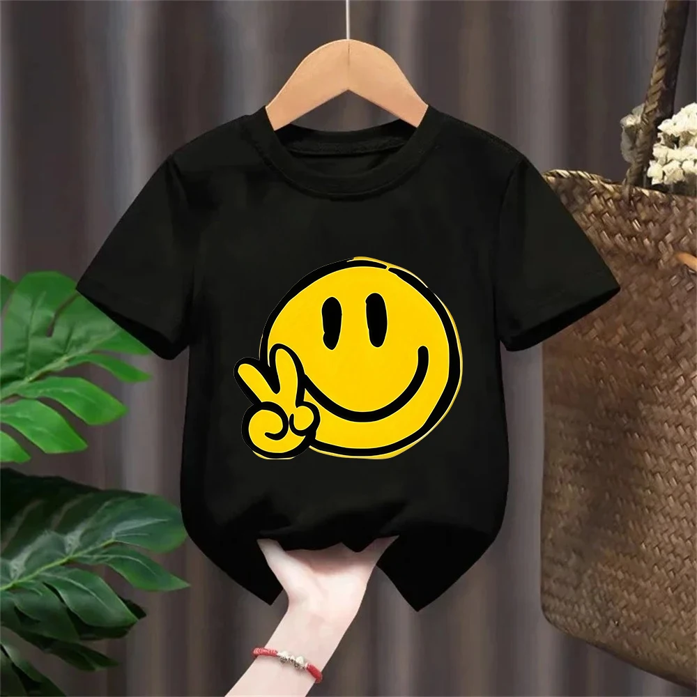 Kids Cartoon Smiley Face Print Short-sleeved T-shirt Casual and Versatile Style Suitable for Children's Outings and Daily Wear